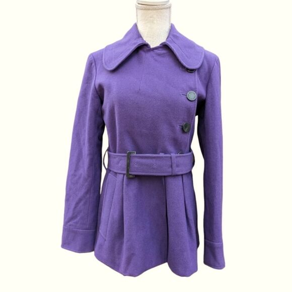 Aquascutum London Women's Wool Purple Peplum Buttoned Coat with Belt Size 8 Reg - Picture 1 of 9